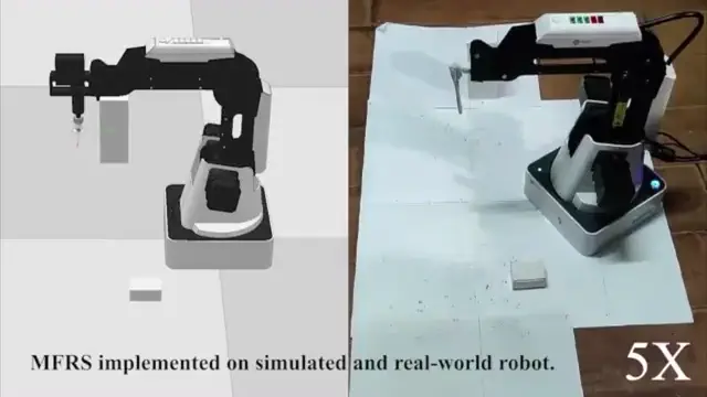 Animated MFRS simulated and real-world robot goal-reaching comparison.
