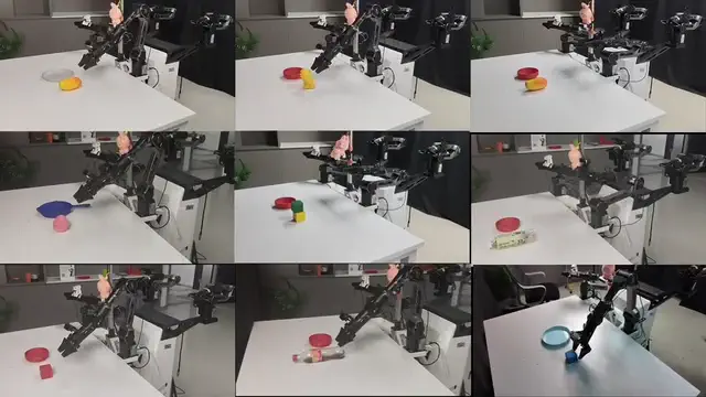 Animated V-Dreamer robot-arm trajectories across real-world manipulation tasks.